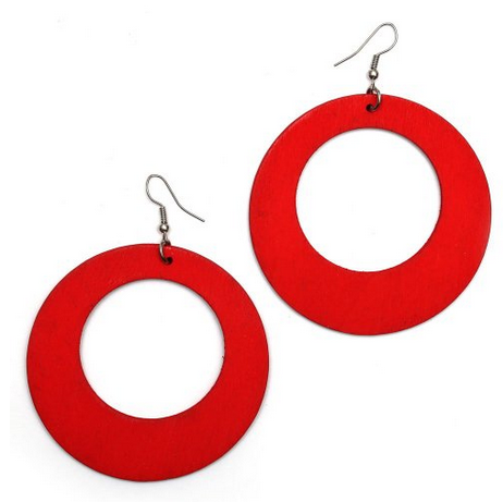 Idin Drop Earrings - Red Large Round Wooden Hoop Dangle Earrings